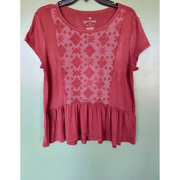 American Eagle Outfitters Tops - American Eagle Soft & Sexy Embroidered Peplum Top Mesh Panel T-Shirt M